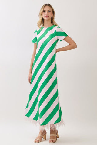 Pink and green striped feather maxi dress by TCEC