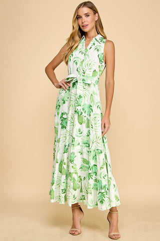 Leaf print maxi with belt by TCEC