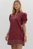 Burgundy v neck puff sleeve dress by Entro