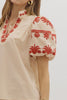 Ecru puff sleeve top rust embroidery by Entro