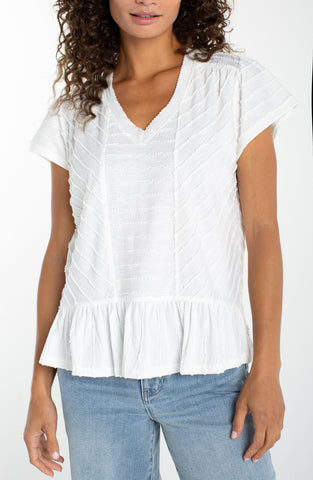 Short sleeve v neck knit top miter detail white by Liverpool