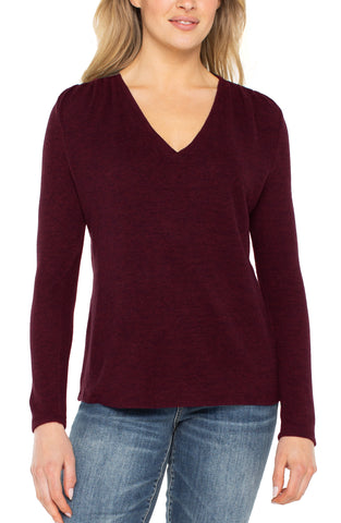 Long sleeve vneck knit top Maroon melange by Liverpool