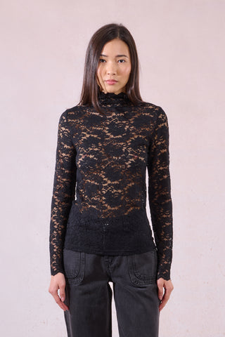 Black lace mock neck top by Molly Bracken