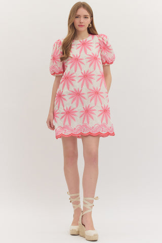 Cream mini pink red floral embroidery