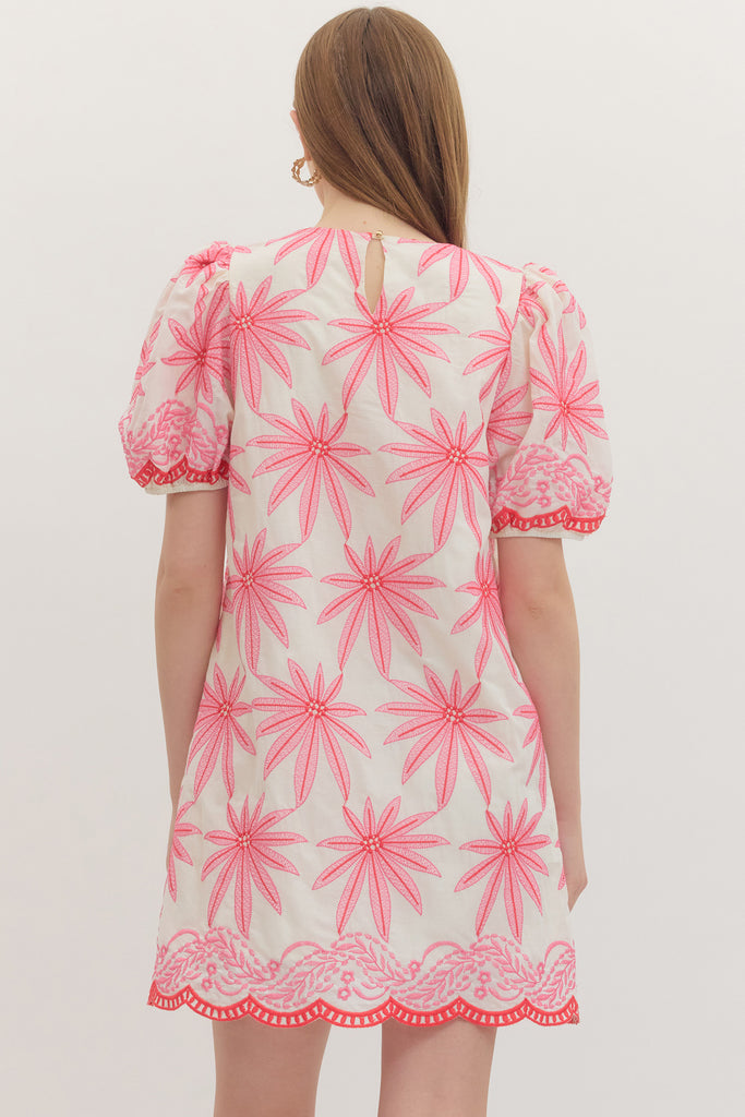 Entro - Dress- Mini Embroidered Scallop Hem - PINK LG PINK White Entro - Dress- Mini Embroidered Scallop Hem - PINK LG PINK White