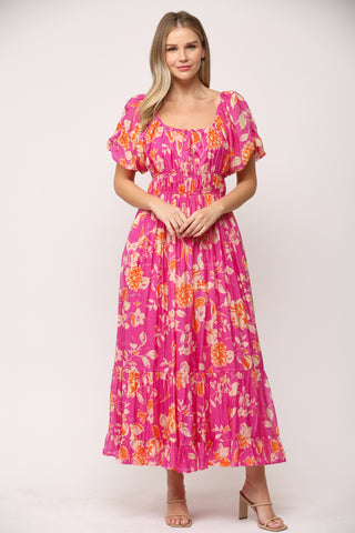 Hot pink multi shirred waist midi dress by Fate