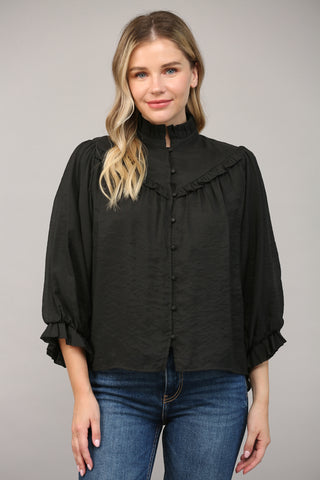 Ruffle detail 3/4 bubble sleeve blouse in black by Fate