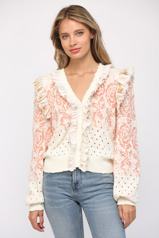 Ruffled trimmed front button closure cardigan in ivory by Fate