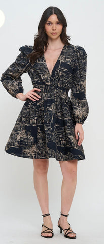 Santorini Midnight Sketch Long Sleeve Short Dress by Meet me in Santorini
