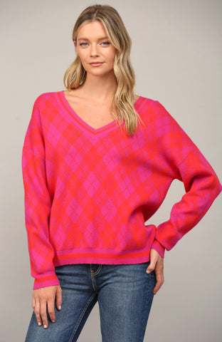 Plaid v neck sweater magenta red by Fate