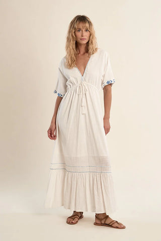 White maxi with blue embroidery by Molly Bracken