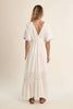White maxi with blue embroidery by Molly Bracken