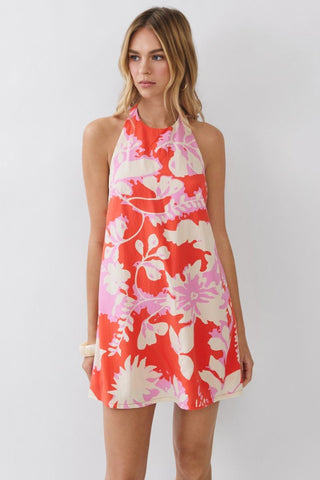Coral tropical halter mini dress by TCEC