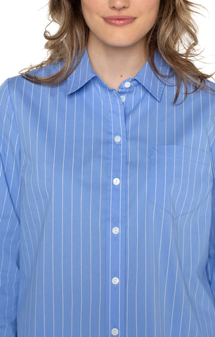 Classic button front shirt in light blue white pinstripe by Liverpool