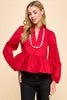 Crimson Peplum Longsleeve with White Trim by TCEC