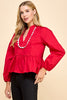 Crimson Peplum Longsleeve with White Trim by TCEC