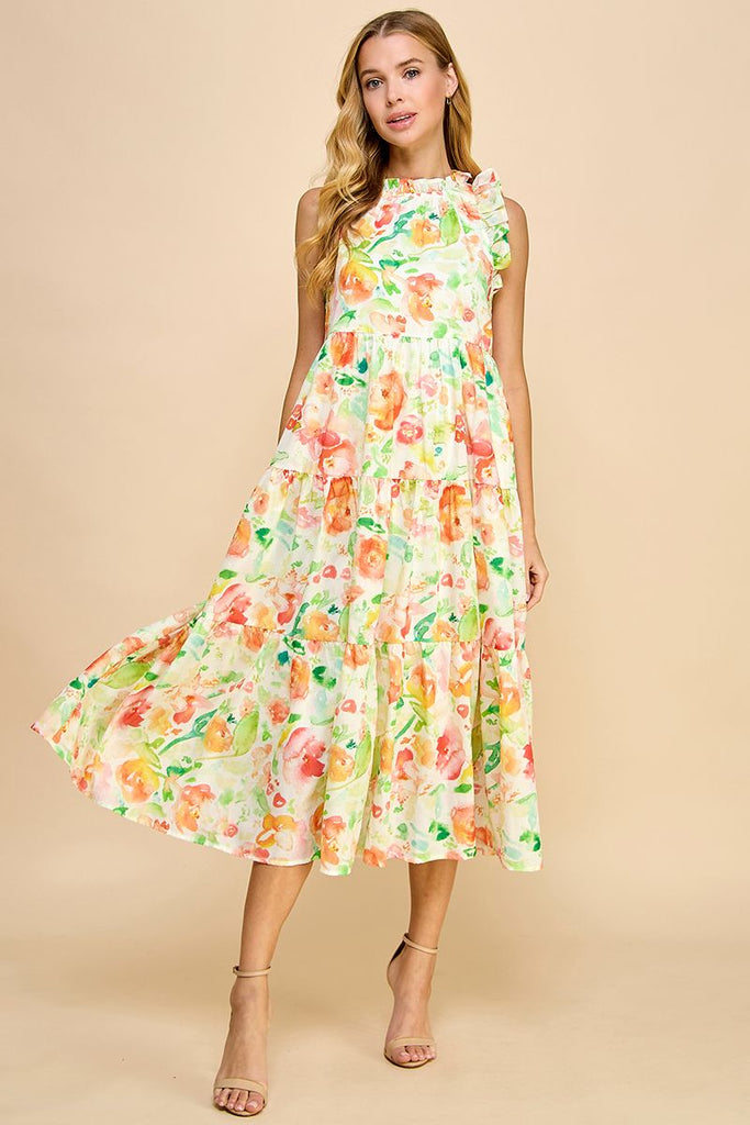 Sleeveless tiered midi orange floral by TCEC