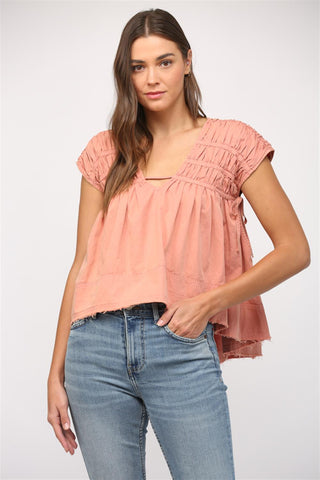 Shirred detail side tie cap slv top coral by Fate