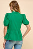 Green peplum top with white trim by TCEC