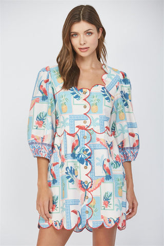 linen blend tropical print dress by Fate