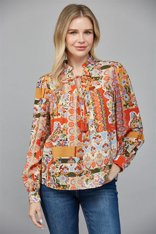 Orange Multi Colored Patchwork Print Top by Fate