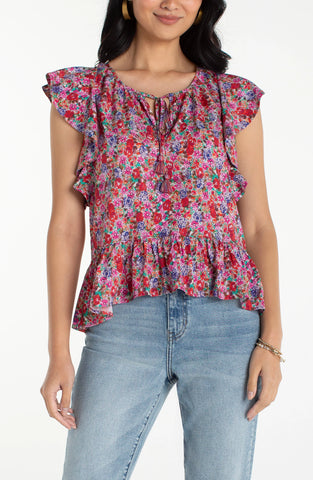 Flutter sleeve peplum top with ties by Liverpool