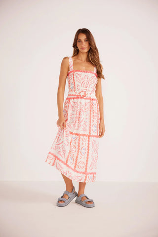 Lolani shirred Midi Dress in Tile Print by Mink Pink