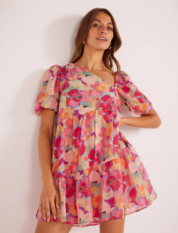 Feyano Asymetric Mini Dress in Bright Floral by Mink Pink