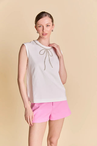 Rhinestone bow sleeveless top white by English Factory