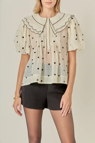 Scalloped collar sheer polka dot blouse by English Factory