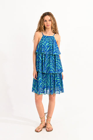 blue and green tiger tiered mini dress by molly bracken