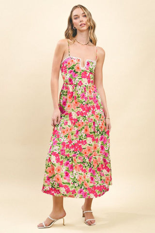 Pink Floral midi with detailed neckline by TCEC