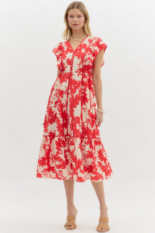 Midi dress with piping red cream by Entro