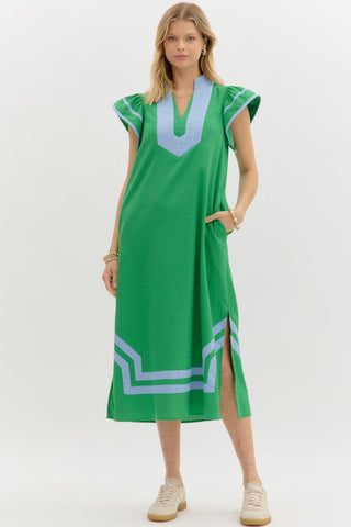 Green midi with light blue trim dress by Entro