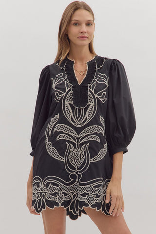 Embroidered front mini dress black by Entro