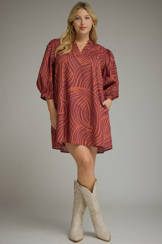 Burgandy orange swirl mini dress by Entro