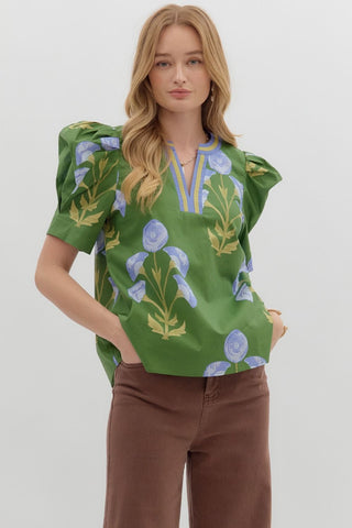 Green v neck top blue flowers by Entro