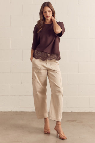 Brown short sleeve top with lace trim by Entro