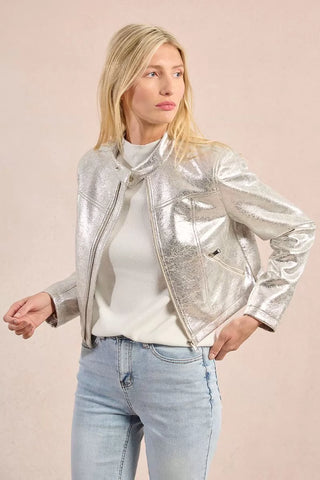 Silver moto jacket by Molly Bracken
