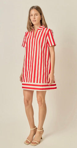 Red and white striped shirt dress by English Factory