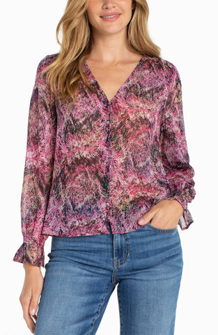 Long sleeve button front top pink multi by Liverpool