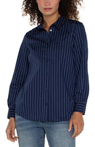 classic fit button front poplin shirt in navy/white pinstripe by Liverpool