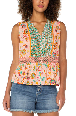 Pink Green multi floral sleeveless woven top by Liverpool