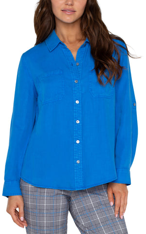 Long Rolled Sleeve Woven Shirt in Blue Topaz by Liverpool